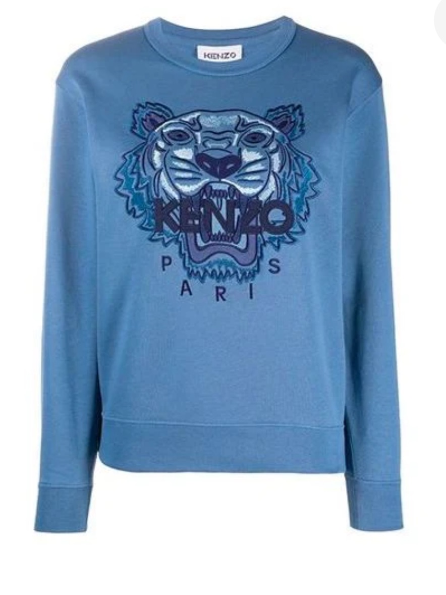 Kenzo Cotton Tiger Head Embroidered Pullover Round Neck Hoodie Blue Size Medium